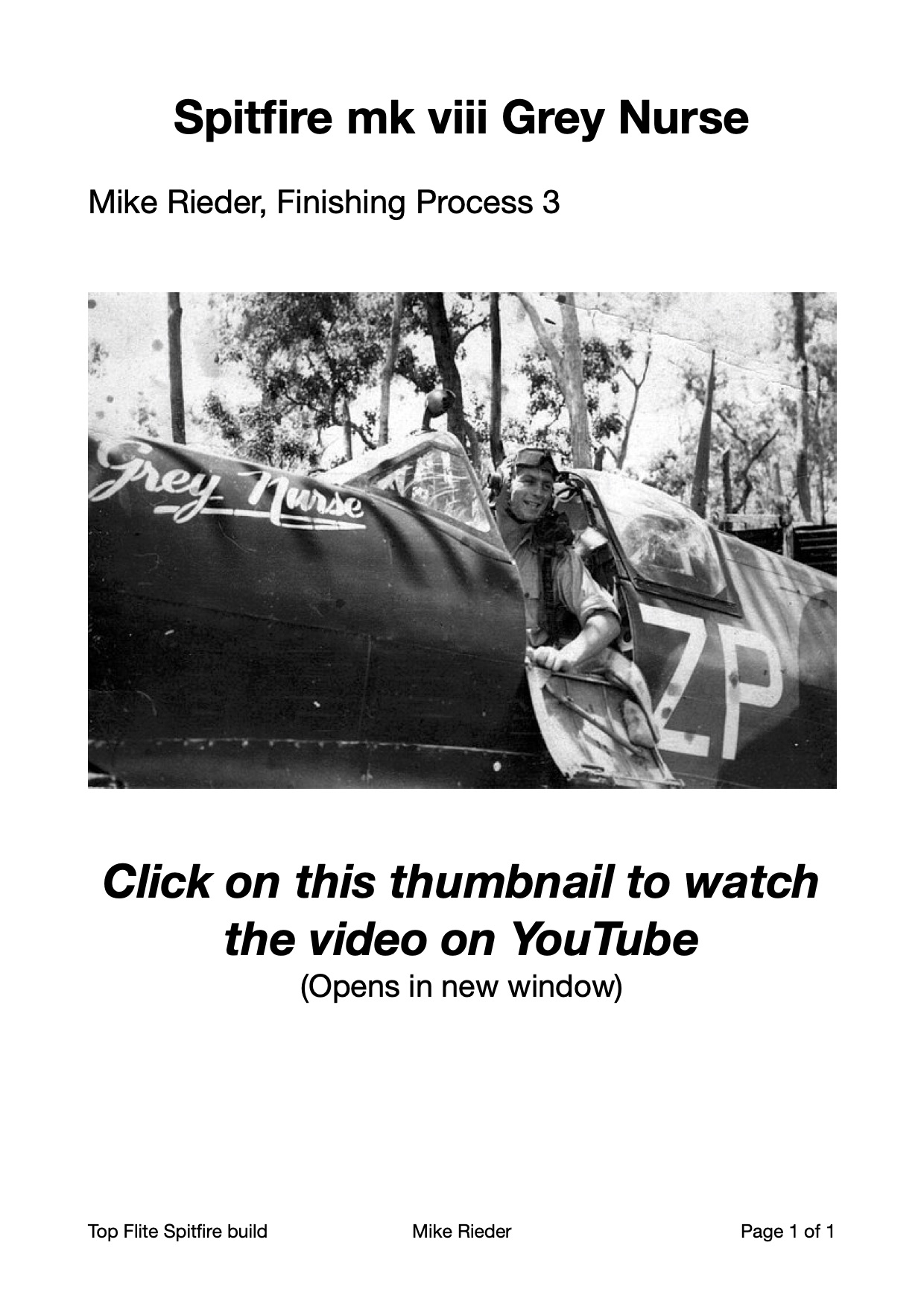 Mike Rieder Spitfire, thumbnail to link to finishing video on YouTube, Part 2 Painting & Weathering