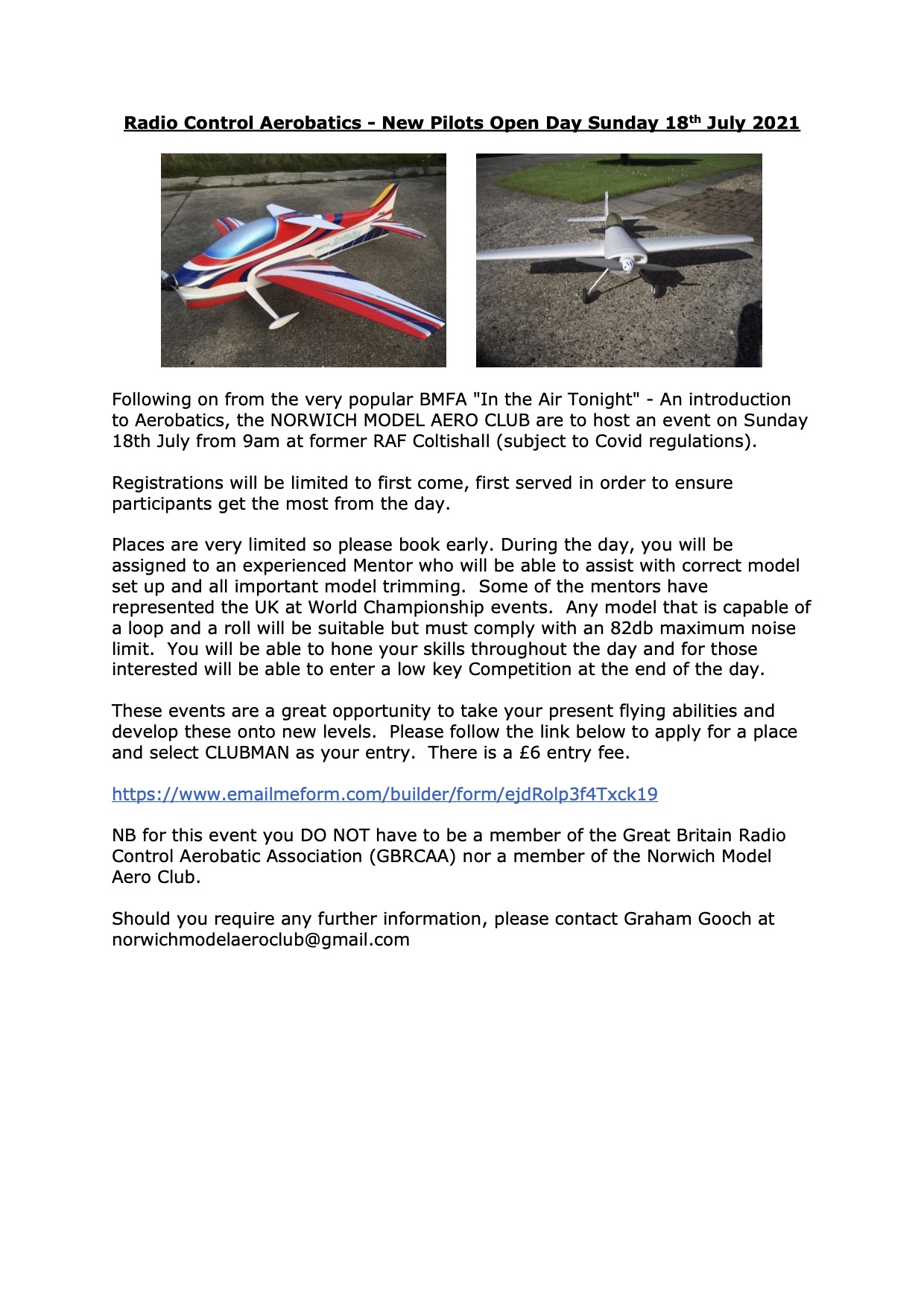 Radio Control Aerobatics - New Pilots Open Day Sunday 18th July 2021